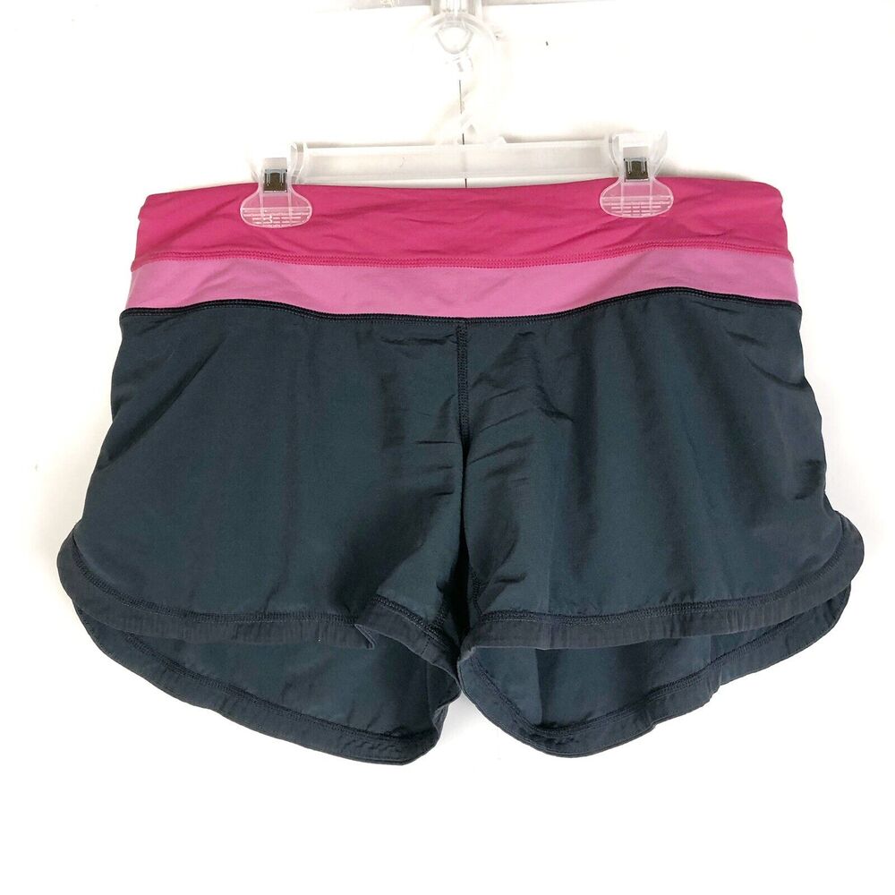 LULULEMON Gray with Pink Waistband Running Shorts Drawstring Low Rise Size 6 - Picture 1 of 5